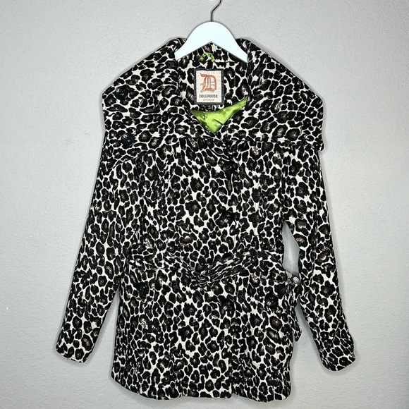 Dollhouse Jackets & Blazers - Dollhouse Hooded Cheetah Print Pea Coat Jacket Size Large Belted Shawl Collar